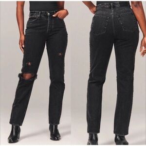 ABERCROMBIE & FITCH The Dad High Rise Black Distressed Jeans Button Fly 12 Long